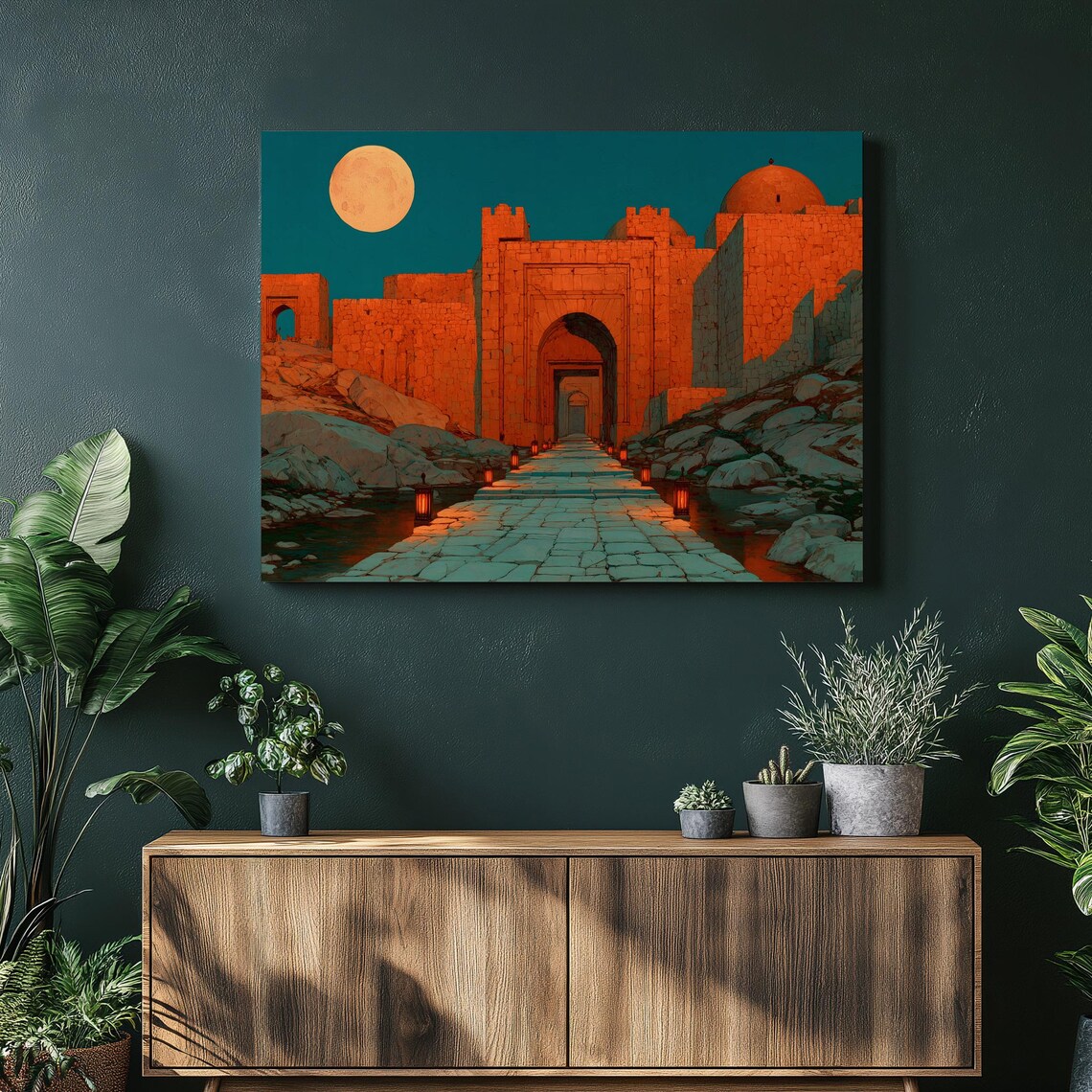 Ancient Desert Fortress Gate Under Full Moon In Teal Night Art Poster