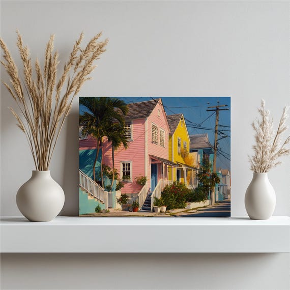 Colorful Tropical Houses Canvas Wall Art Coastal Beach Decor Pastel Cottages Palm Trees Painting Caribbean Style Print
