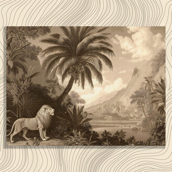 Vintage Lion Jungle Canvas Wall Art Sepia Tropical Wildlife Painting Safari Inspired Decor Engraving Style Palm Trees River Gift