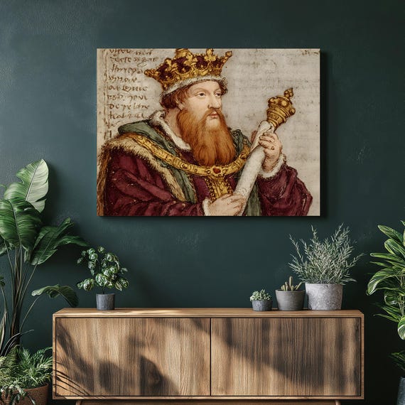 Medieval King Portrait Canvas Wall Art Vintage Gothic Royal Figure Manuscript Print Illuminated Crown Scepter Painting Historical Decor