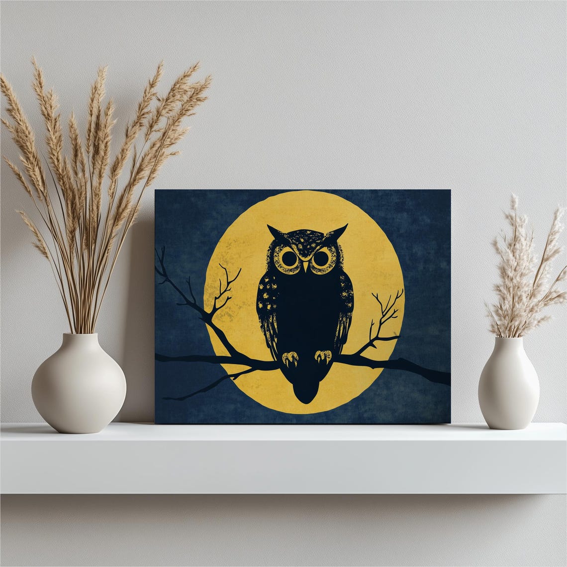 Unique Wise Owl Canvas Wall Art Perched Under Yellow Moon In Navy Night Sky Modern Contemporary Decor For Living Room Bedroom Office Nursery