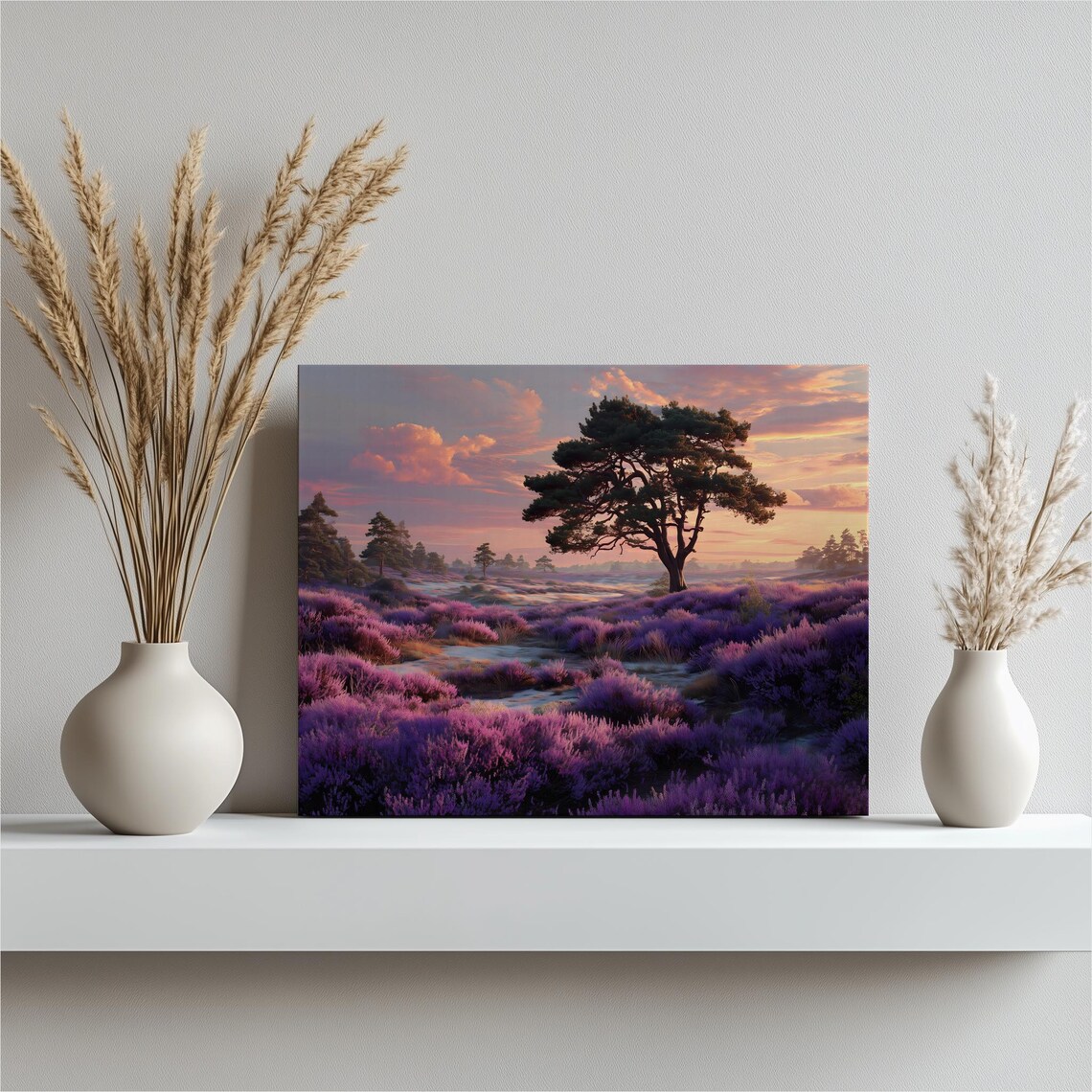 Purple Heather Field at Sunset with a Lone Pine Tree Landscape Poster