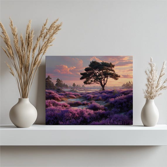 Sunset Heather Landscape Canvas Wall Art Purple Field Print Moorland Nature Decor Colorful Painting Pine Trees Clouds Scenic Gift
