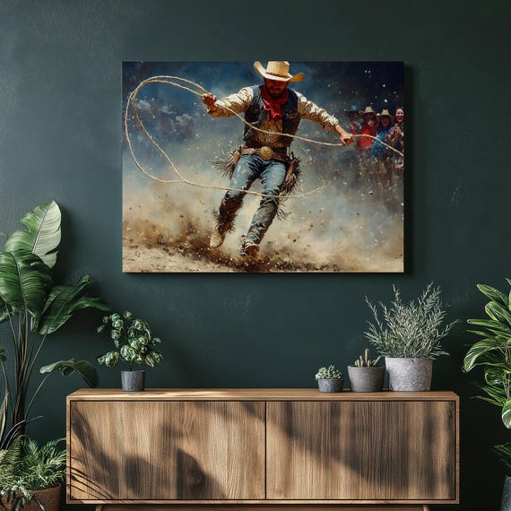 Cowboy Lasso Rodeo Canvas Wall Art Dynamic Western Action Painting With Dust And Crowd Rustic Ranch Decor Print Country Gift