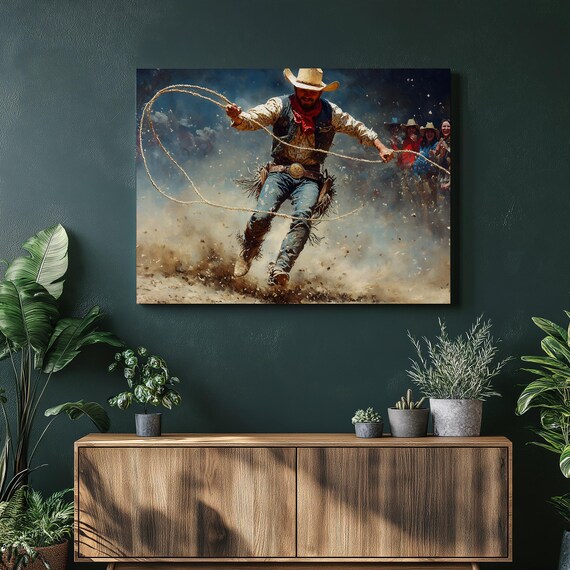 Cowboy with Lasso Poster Western Rodeo Action Painting Dusty Arena Art
