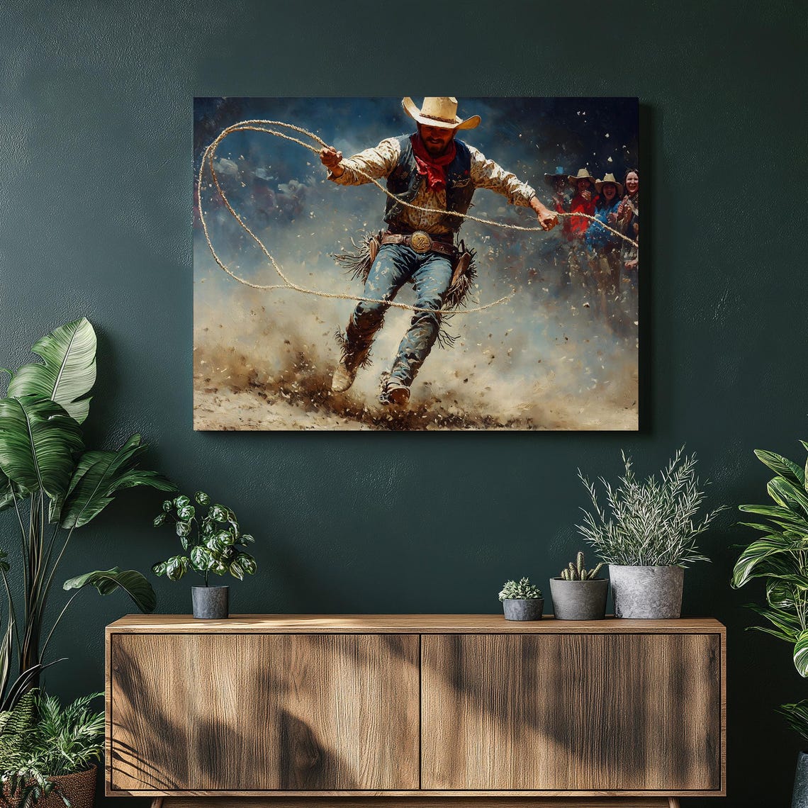 Cowboy with Lasso Poster Western Rodeo Action Painting Dusty Arena Art