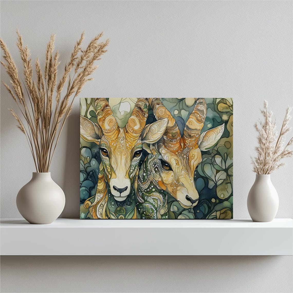 Two Ibex Wild Goats Patterned Horns Green Gold Wildlife Art Poster