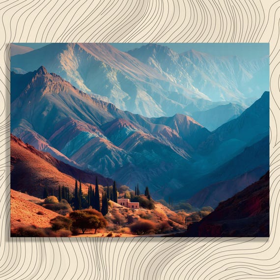 Colorful Mountain Cabin Canvas Wall Art Rustic Nature Print Turquoise Mountains Desert Landscape Cypress Trees Painting Decor Gift