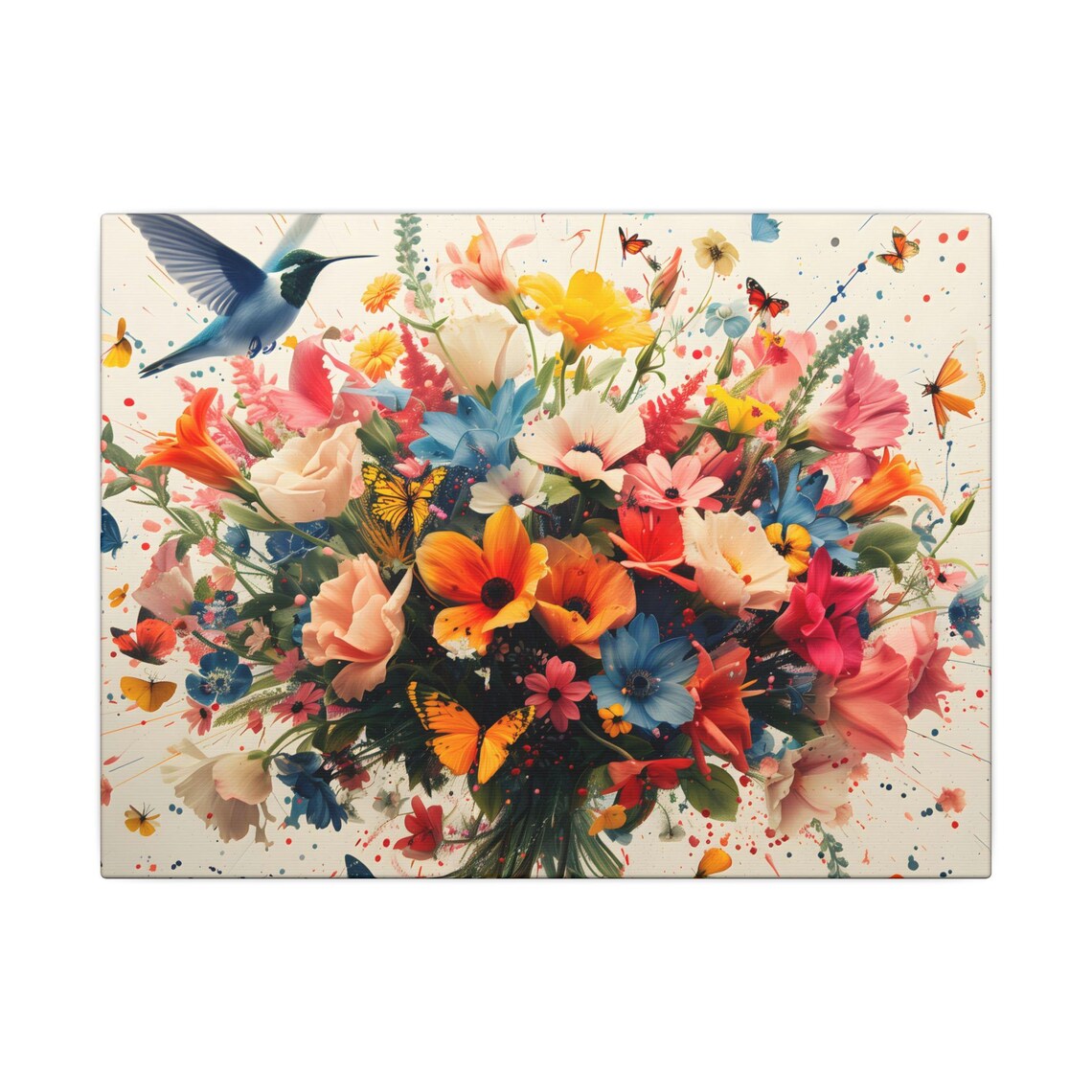 Floral Bouquet Hummingbird Butterflies Vibrant Botanical Art Poster