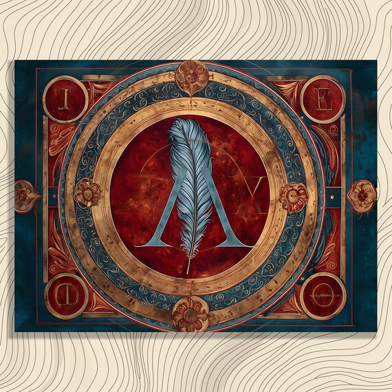 Gothic Monogram Quill Canvas Wall Art Vintage Illuminated Emblem Feather Sigil Medieval Decor Gold Filigree Floral Design Astrology Print