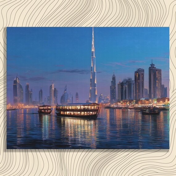 Dubai Skyline Canvas Wall Art Burj Khalifa Modern Cityscape At Dusk With Water Reflection Blue Purple Skyscrapers Print
