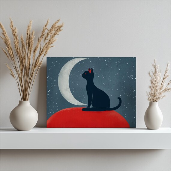 Unique Black Cat Starry Night Canvas Art With Crescent Moon On Red Cushion Modern Home Decor Pet Lover Office Wall Gift