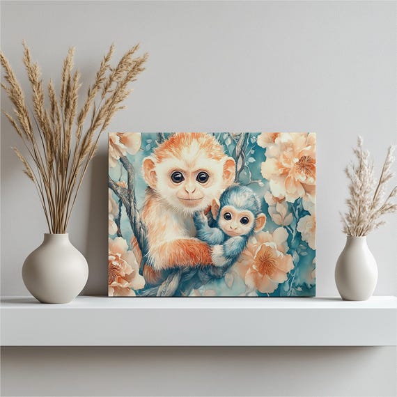 Mother And Baby Monkey Canvas Wall Art Watercolor Floral Jungle Nursery Decor Wildlife Illustration Teal Coral Botanical Print