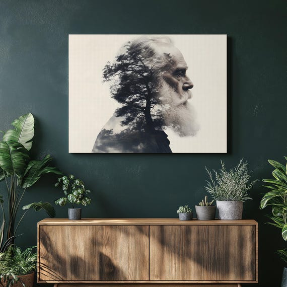 Elderly Bearded Profile Canvas Wall Art Nature Tree Silhouette Portrait Black And White Double Exposure Thoughtful Gift Minimalist Decor
