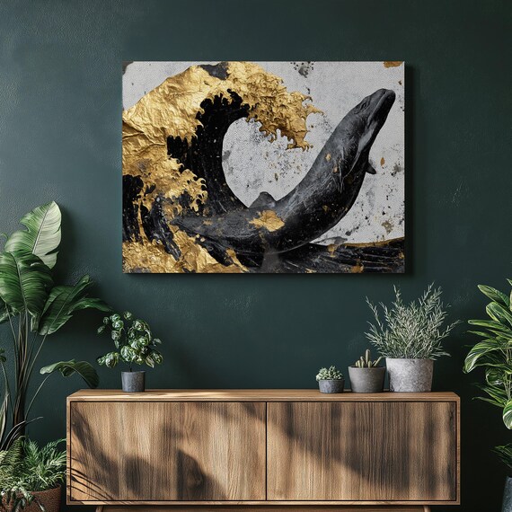 Abstract Gold and Black Whale Poster Textured Ocean Wave Modern Art