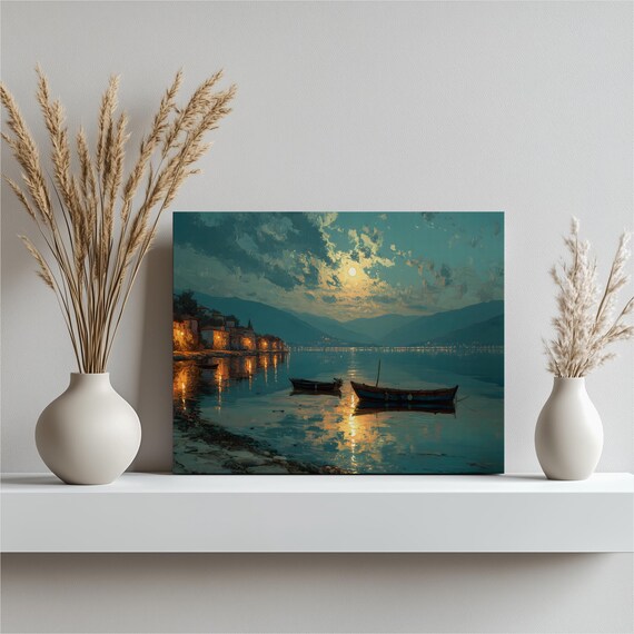 Moonlit Lake With Fishing Boats And Village Lights Art Print