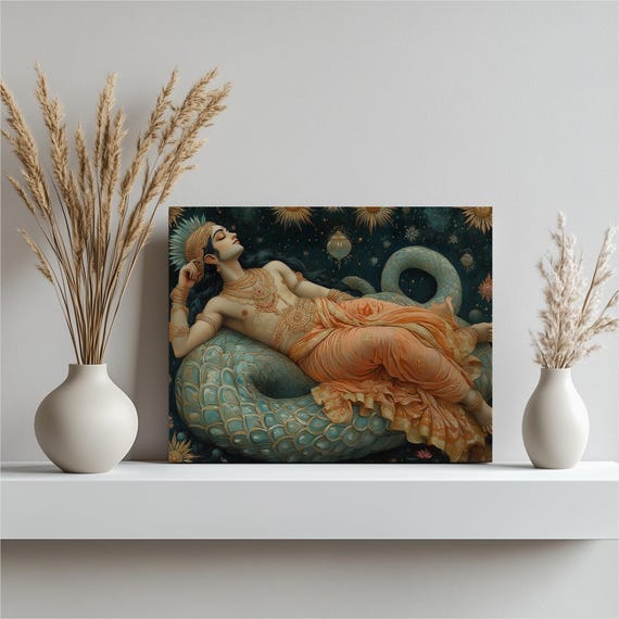 Majestic Vishnu Canvas Wall Art Hindu Deity Serpent Motif Celestial Cosmic Illustration In Gold Blue For Home Decor Intricate Design