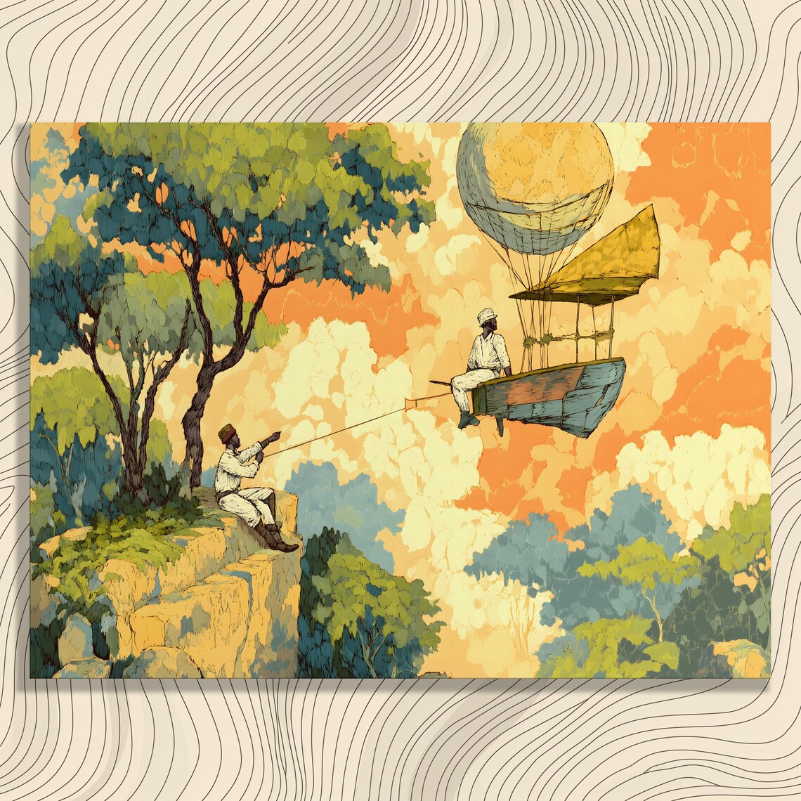 Dreamy Flying Boat Hot Air Balloon Sunset Sky Fantasy Art Print