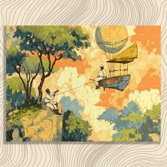 Balloon Airship Explorers Canvas Wall Art Whimsical Adventure Landscape Floating Boat Over Orange Sky Clouds River Cliff Trees Decor Print