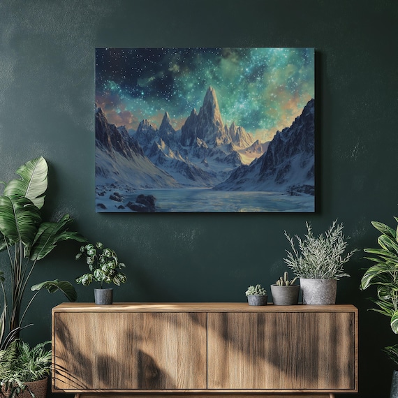 Snowy Mountain Peaks Under Milky Way Starry Sky Painting Poster