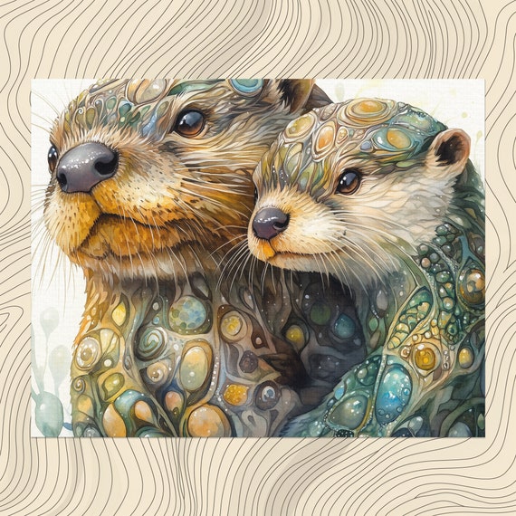 Otter Canvas Wall Art Watercolor Painting Of Two Otters With Detailed Patterns Green Brown Yellow Black For Living Room Bedroom Nursery
