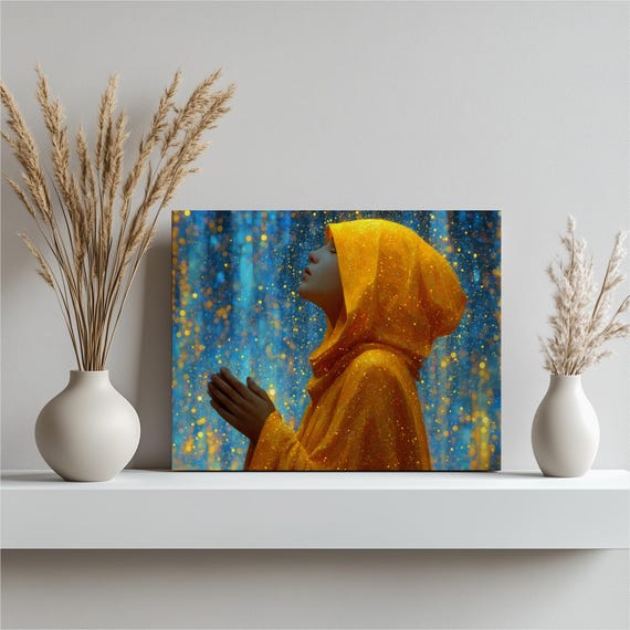Praying Hooded Figure Canvas Wall Art Golden Robe Portrait With Celestial Stars
