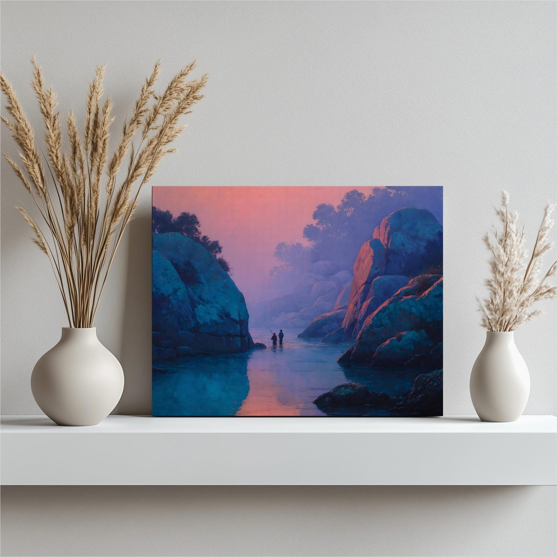 Pink Dusk River Canyon Two Figures Wading Dreamy Landscape Print