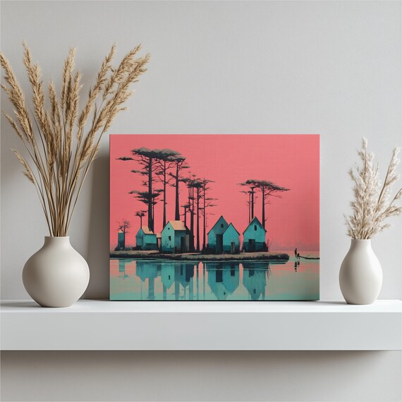 Lakeside Village Pink Sky Pine Reflection Modern Cabin Wall Print
