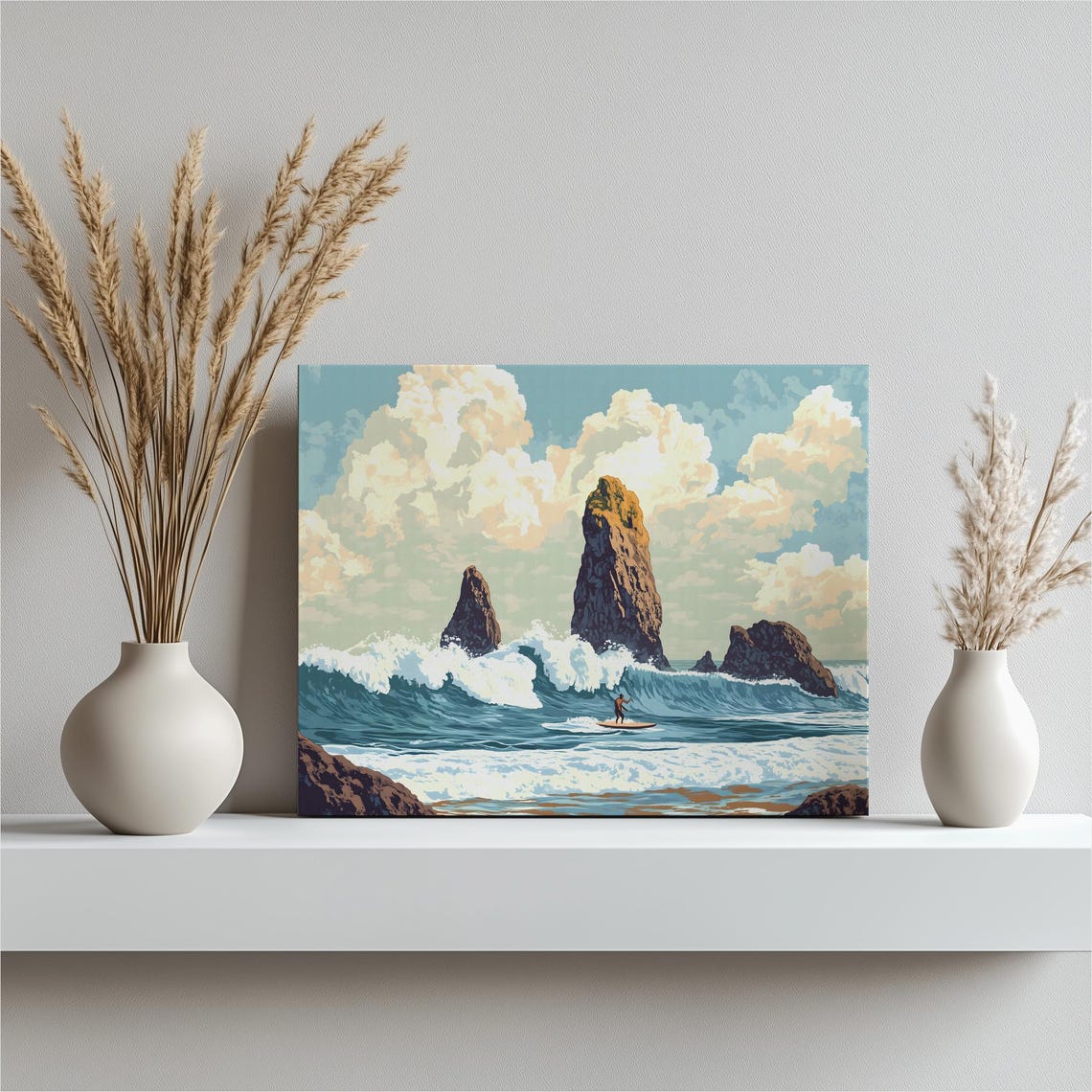 Retro Surfer Riding Ocean Waves Sea Stacks Vintage Surf Art Poster