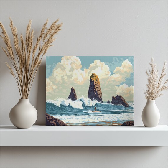 Retro Surfer Riding Ocean Waves Sea Stacks Vintage Surf Art Poster