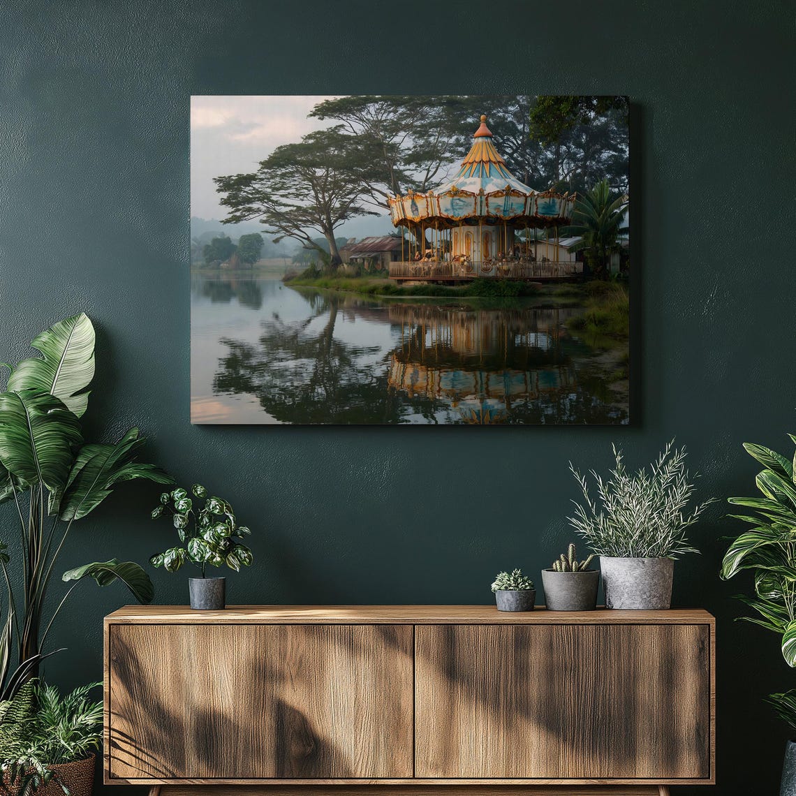 Vintage Carousel by Still Lake Golden Hour Photograph Poster