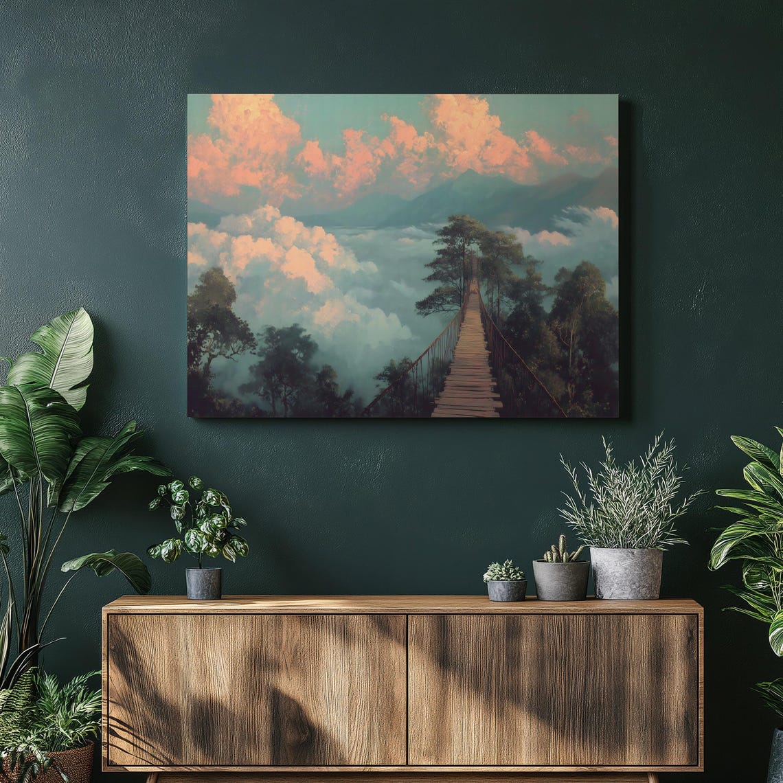 Rope Bridge Above Clouds Sunset Mountain Dreamy Landscape Poster