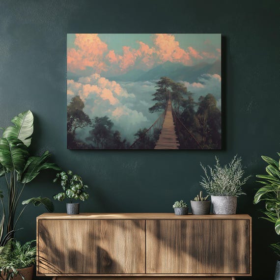 Dreamy Suspension Bridge Canvas Wall Art Colorful Above Clouds Misty Treetops Mountains Pastel Sky Landscape Nature Decor Walkway Print