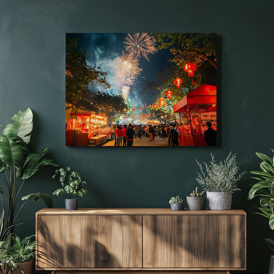 Lantern Festival Night Fireworks Red Lanterns Street Market Poster
