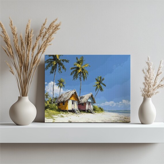 Tropical Beach Huts Thatched Roofs Palm Trees Coastal Art Poster