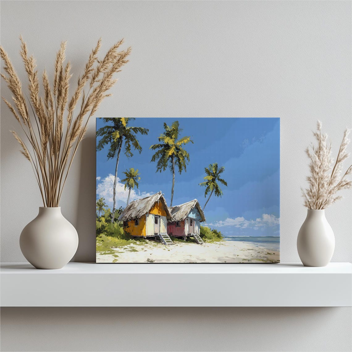 Tropical Beach Huts Thatched Roofs Palm Trees Coastal Art Poster