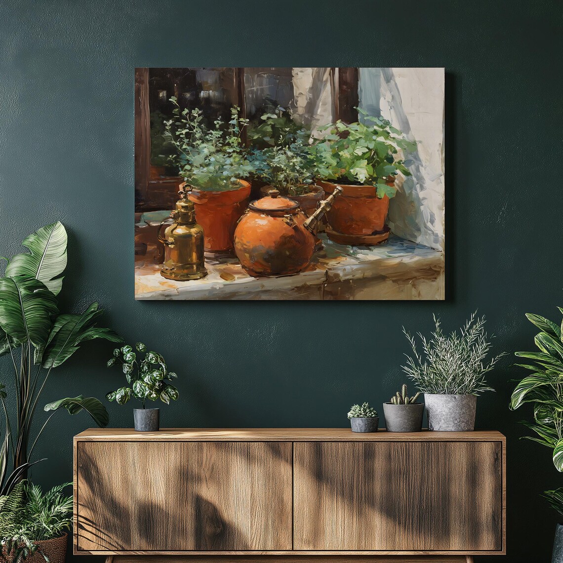 Terracotta Pots Herb Garden Brass Watering Cans Sunny Window Art Poster