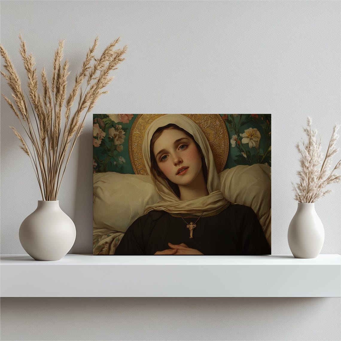 Veiled Saint Woman Halo Cross Floral Religious Painting Poster