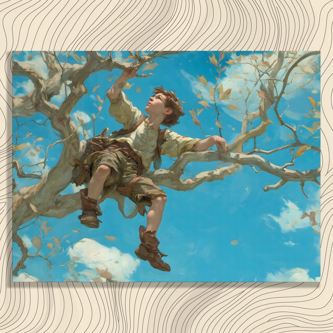 Boy Climbing A Big Tree Under Bright Blue Sky Whimsical Wall Art