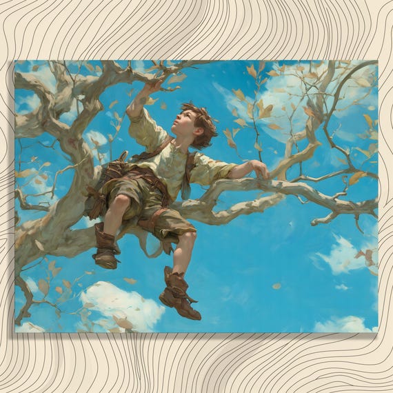 Boy On Tree Canvas Wall Art Colorful Adventure Nature Painting Print Decor Gift For Kids Parents Lovers