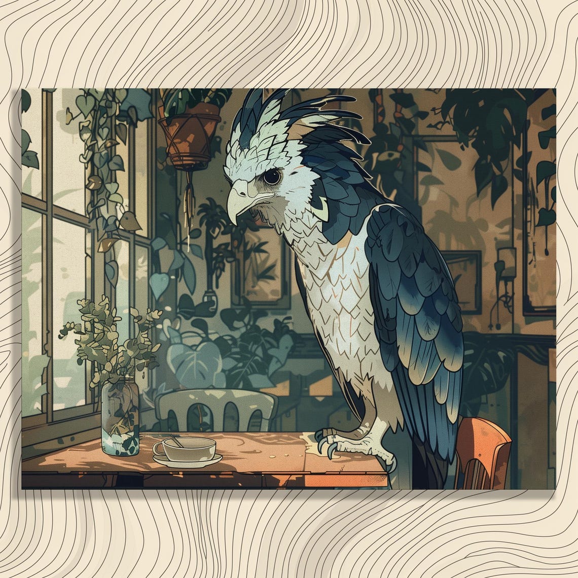 Harpy Eagle Perched In Cozy Sunlit Cafe Whimsical Bird Art Poster