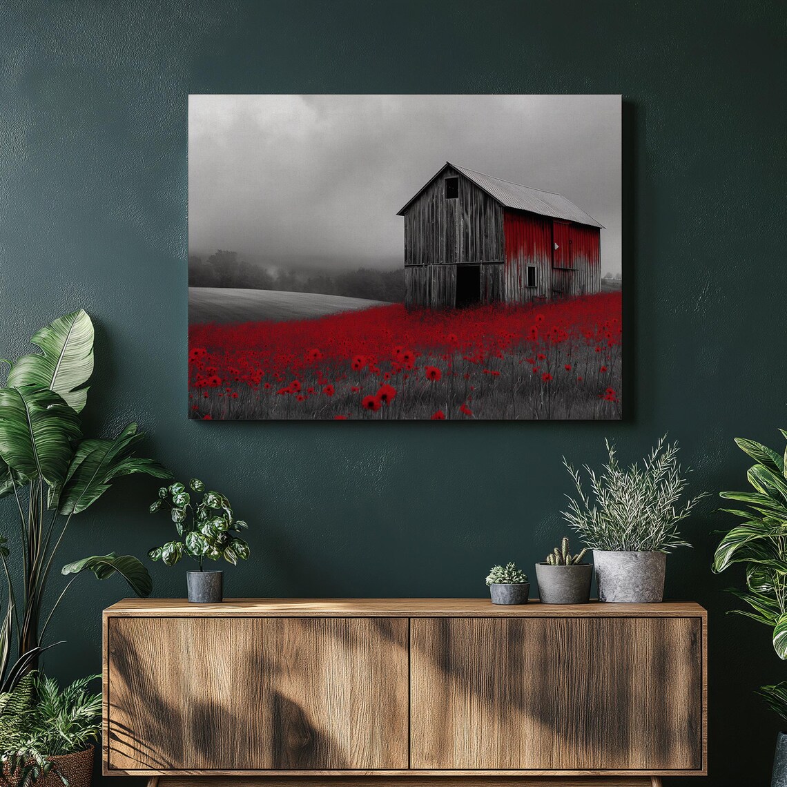 Red Barn Poppy Field Selective Color Black and White Farm Poster