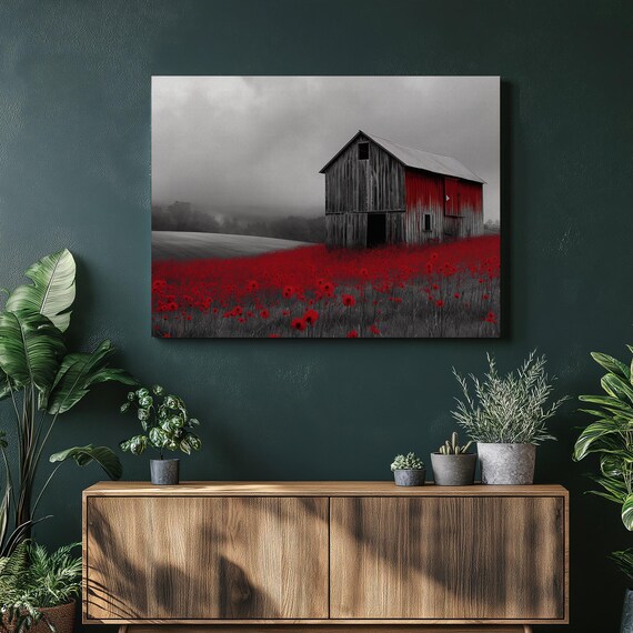 Red Barn Poppy Field Selective Color Black and White Farm Poster