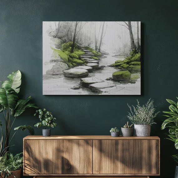 Misty Forest Creek Canvas Wall Art Stepping Stone Path Tranquil River Reflections Modern Minimalist Landscape Print Mossy Green Nature