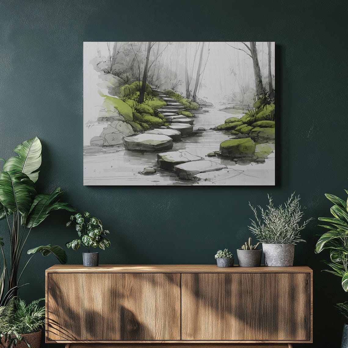 Mossy Stepping Stone Stream in a Misty Forest Ink Wash Wall Art