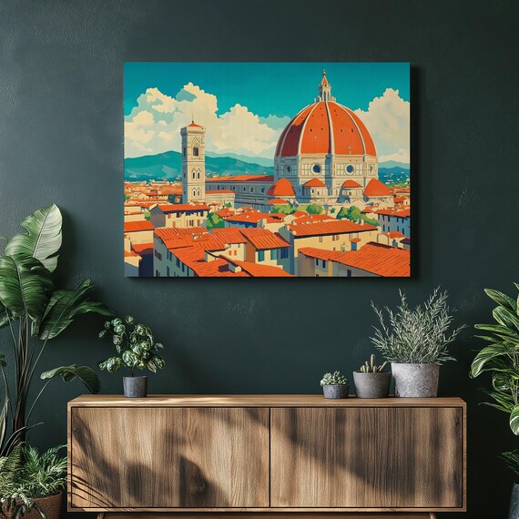 Florence Duomo Canvas Wall Art Modern Minimalist Italy Cityscape Print With Bell Tower Terracotta Roofs Turquoise Sky Painting