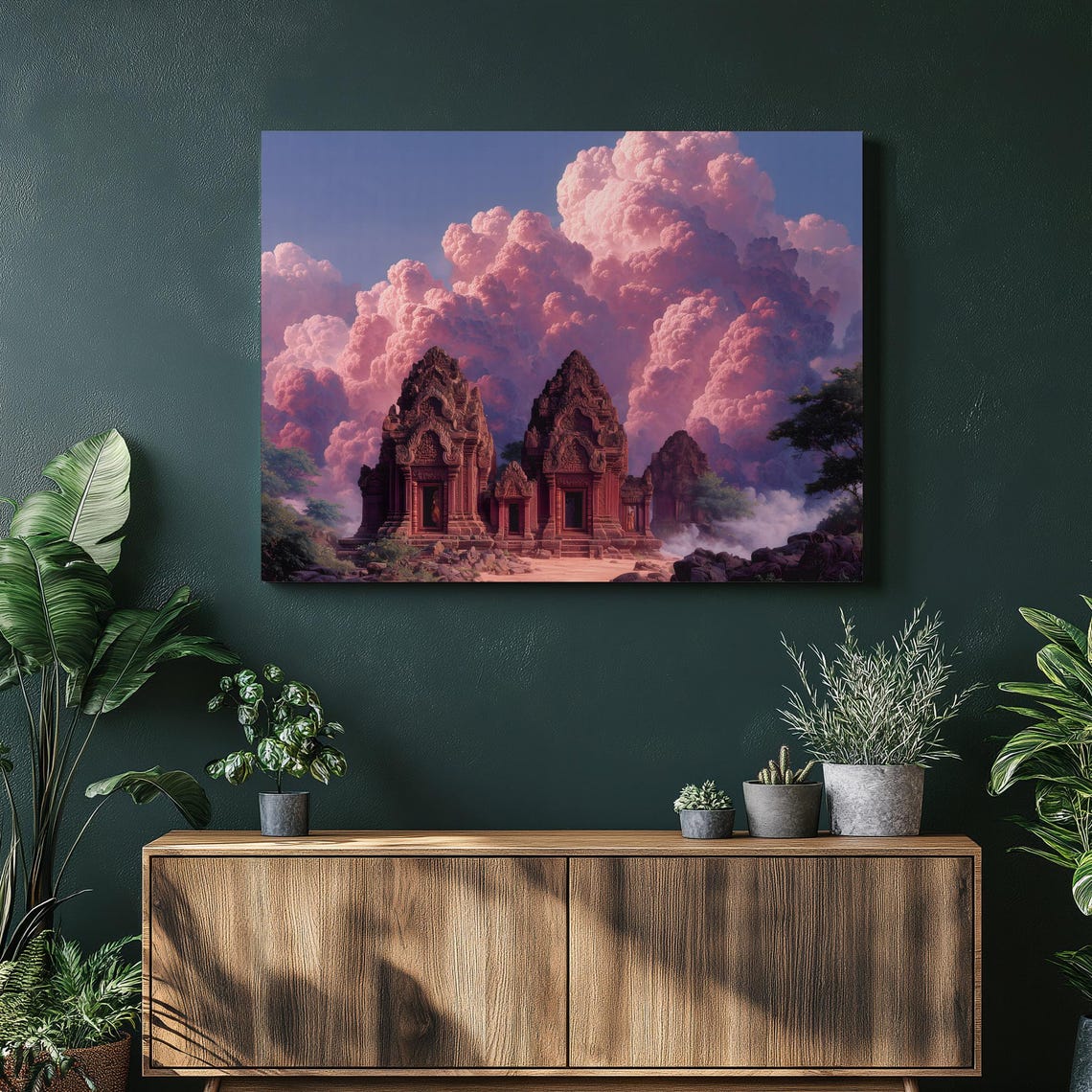Ancient Temple Ruins Under Pink Clouds Dreamy Surreal Landscape Print