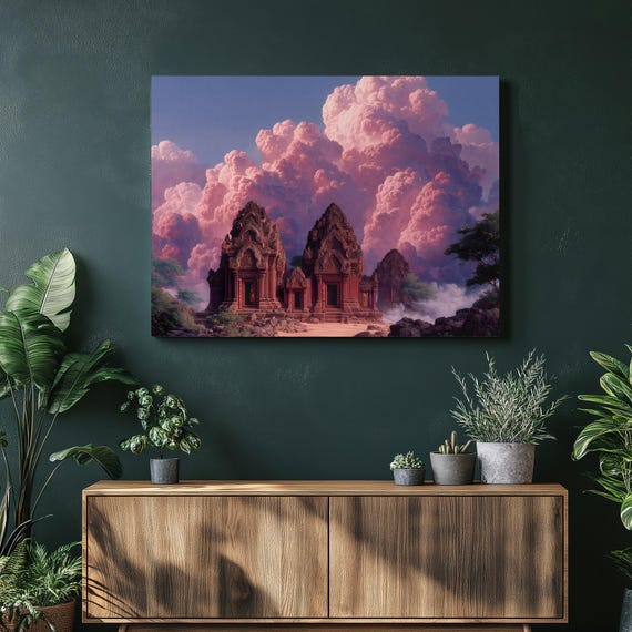 Surreal Temple Ruins Canvas Wall Art Pink Cloud Sky Ancient Architecture Landscape Print Colorful Contemporary Nature Decor Gift For Home