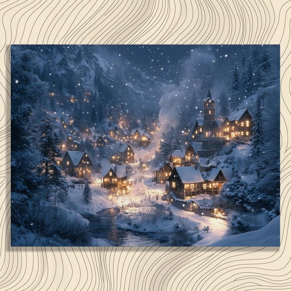 Snowy Village Night Canvas Wall Art Serene Winter Landscape Painting Cozy Scene Print Starlit Sky Artwork Warm Lights Decor