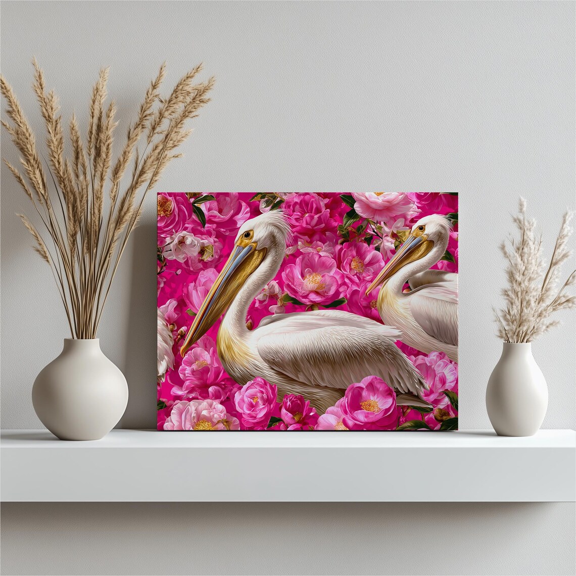 Two White Pelicans Among Vivid Pink Peonies Floral Bird Wall Art